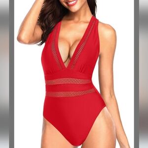 Tempt Me NWT Sz XS Red Deep Plunge Bathing Suit